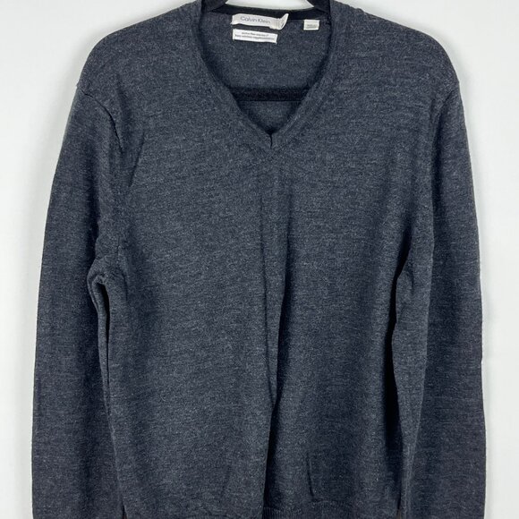 Calvin Klein Sweater Size L Gray Long Sleeve V Neck Tight Knit Merino Wool - Picture 1 of 9